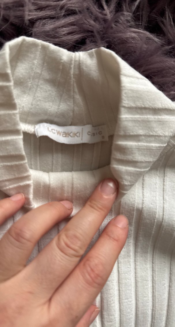 Beyaz Kadın Boğazlı Fitilli Triko Kazak - Görsel 4