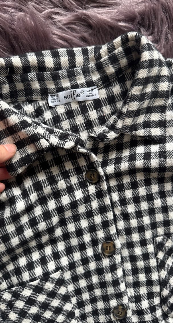 Gri Kareli Düğmeli Uzun Kollu Gömlek - Görsel 3