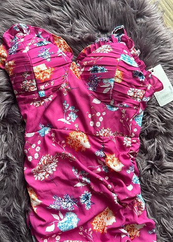 Pembe Drapeli Uzun Straplez Elbise - Görsel 2