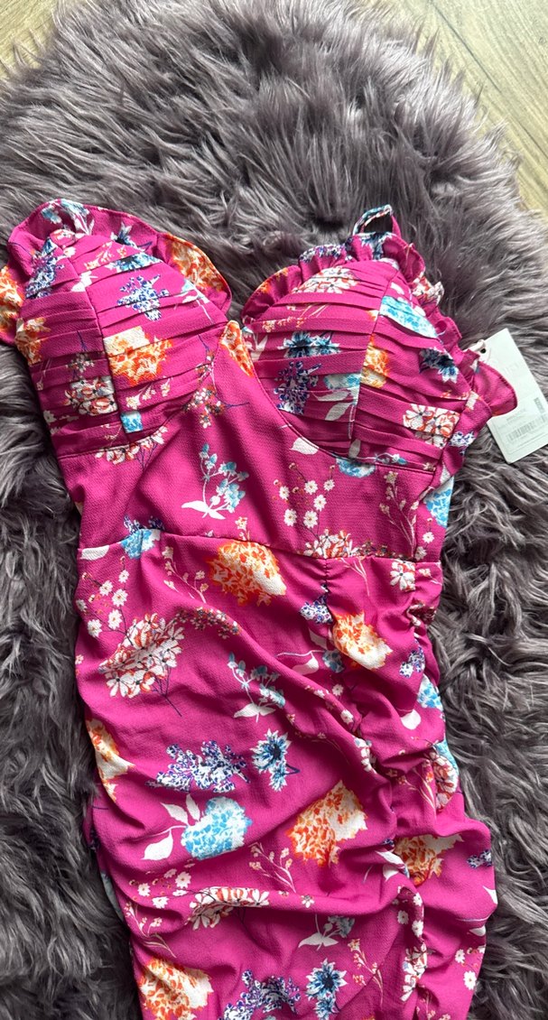 Pembe Drapeli Uzun Straplez Elbise - Görsel 2