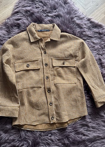 Düğmeli Kahverengi Ekose Kadın Gömlek - Görsel 5