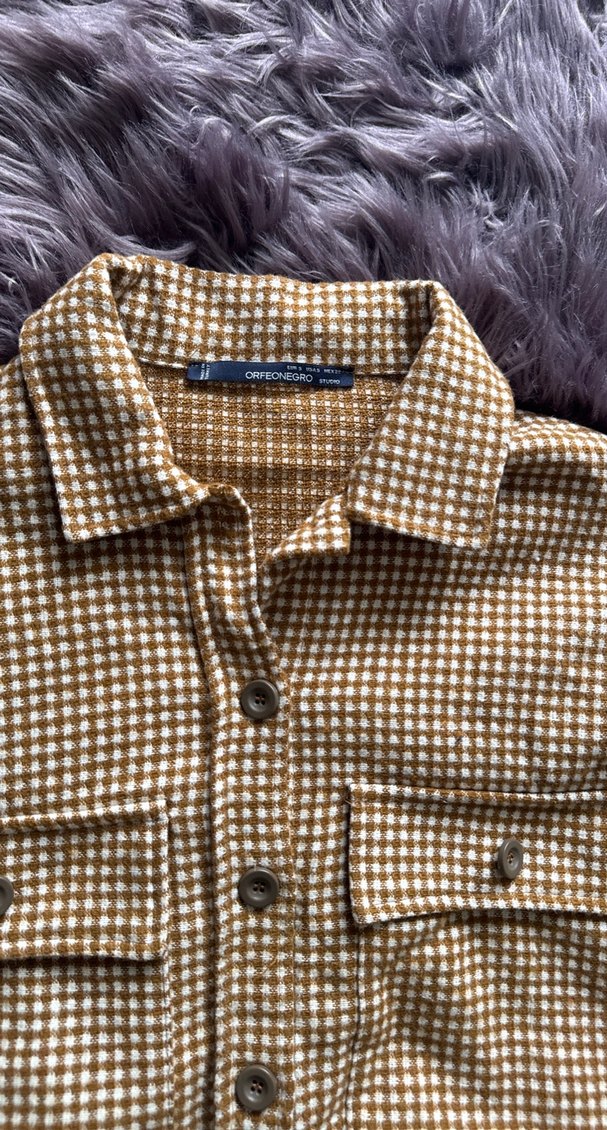 Düğmeli Kahverengi Ekose Kadın Gömlek - Görsel 2