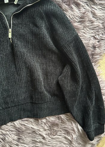 Kadın Gri Yüksek Yakalı Peluş Sweatshirt - Görsel 4