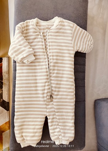 Bej Çizgili Fermuarlı Bebek uyku Tulumu - Görsel 3