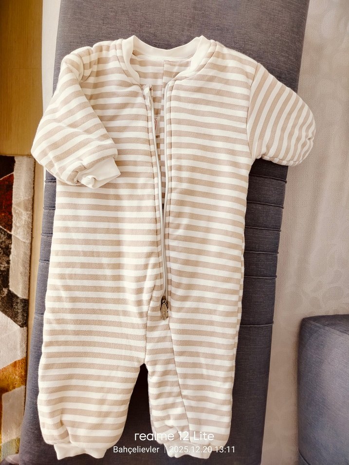 Bej Çizgili Fermuarlı Bebek uyku Tulumu - Görsel 5