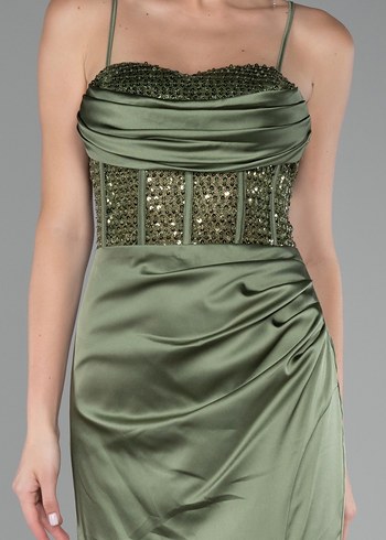 Haki Üstü Pullu Balen Korse Yırtmaçlı Uzun Saten Abiye - Görsel 3