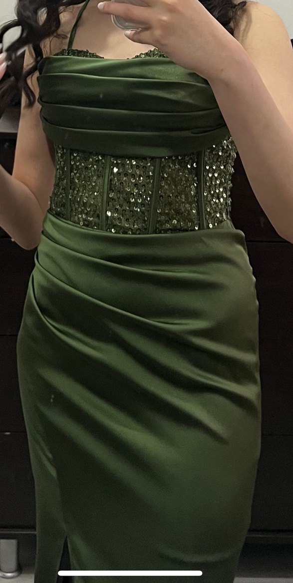 Haki Üstü Pullu Balen Korse Yırtmaçlı Uzun Saten Abiye - Görsel 4