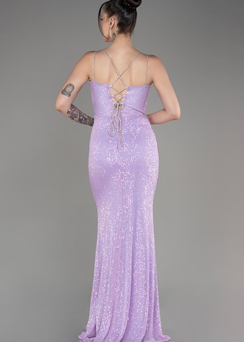 Lila Sırt Ve Bacak Dekolteli Uzun Pul Payet Abiye - Görsel 3