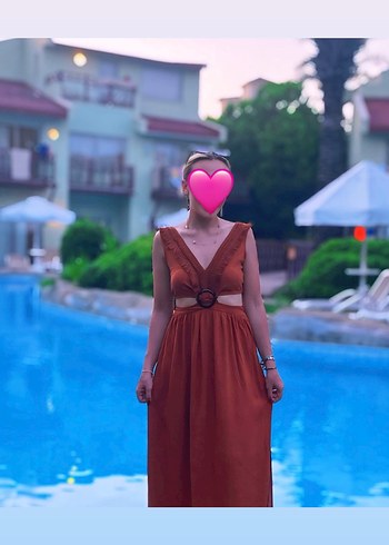 Camel Renkli V Yaka Uzun Bohem  yırtmaçlı Elbise - Görsel 2