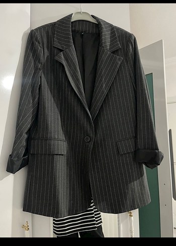 Çizgili Gri Kadın Blazer Ceket - Görsel 2
