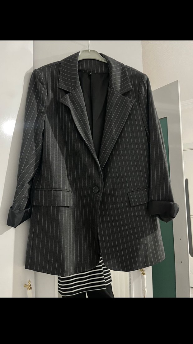 Çizgili Gri Kadın Blazer Ceket - Görsel 2