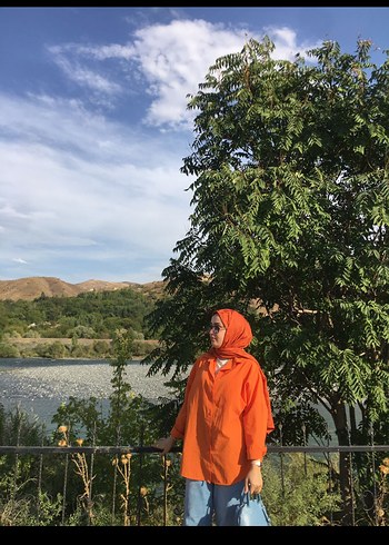 Turuncu Midi Uzun Kollu Salaş gömlek - Görsel 2