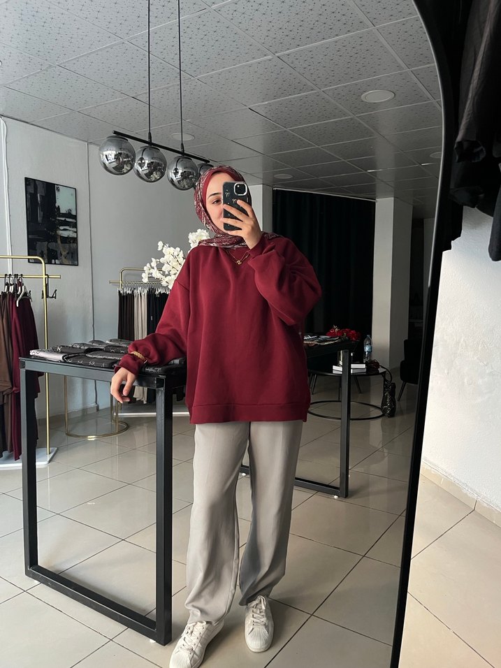 Bordo Yüksek Yakalı Salaş Sweatshirt - Görsel 2