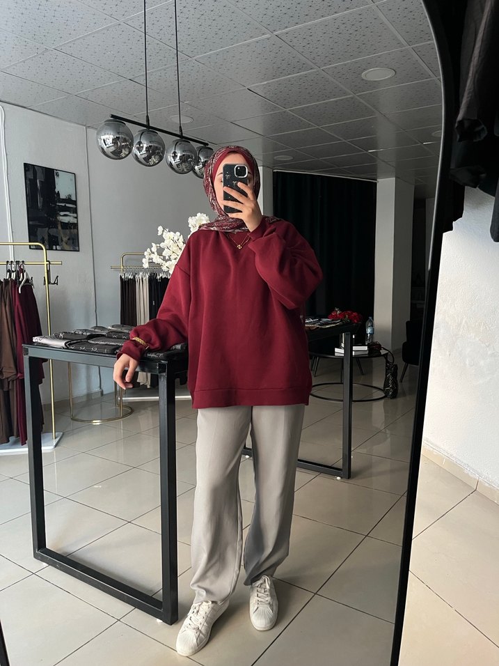 Bordo Yüksek Yakalı Salaş Sweatshirt - Görsel 3