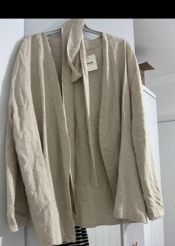 Bej keten kumaş Tarzı Düz kimono - Görsel 2