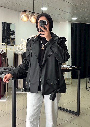 Siyah Deri Kemerli Oversize Ceket - Görsel 2