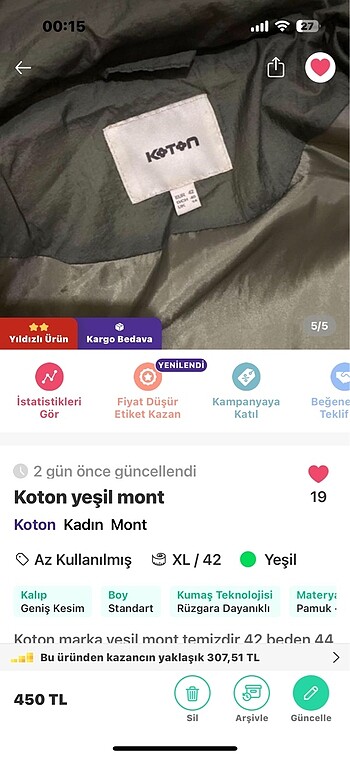 Koton Koton yeşil mont