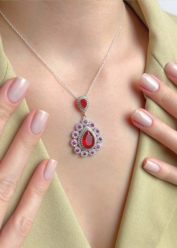 Kırmızı İşlemeli Mini Zincir Gümüş Kolye - Görsel 2