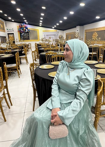 Uzun Mint YeşiliDrapeli Tesettür Abiye - Görsel 2