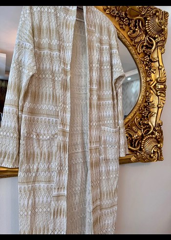 Kendinden Gold simli Nakışlı Bohem Uzun Kadın hırka - Görsel 5