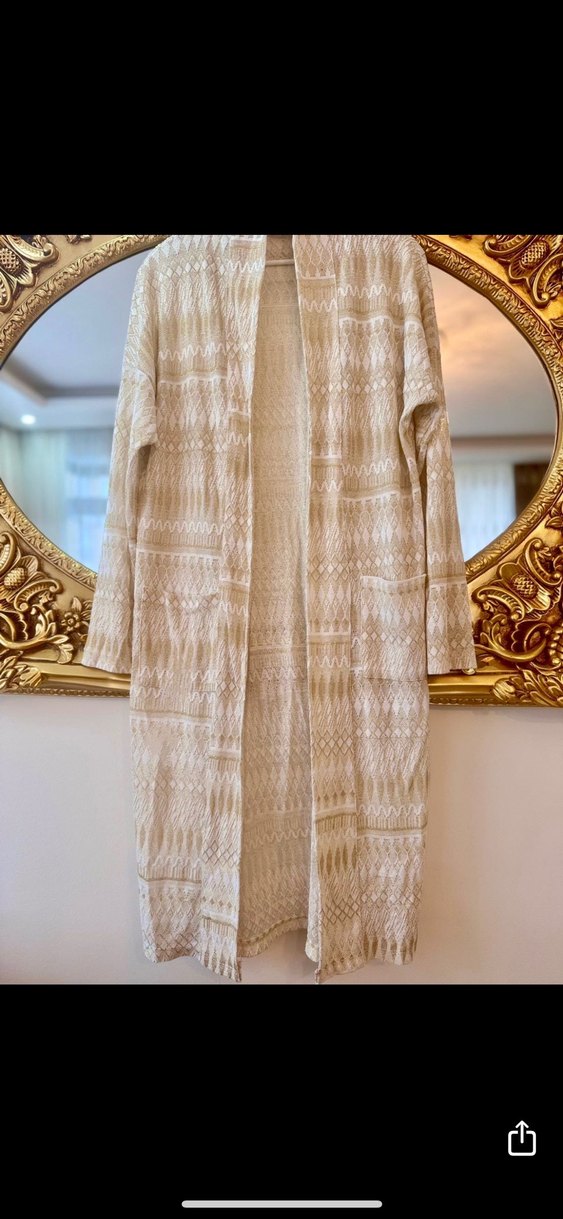 Kendinden Gold simli Nakışlı Bohem Uzun Kadın hırka - Görsel 3