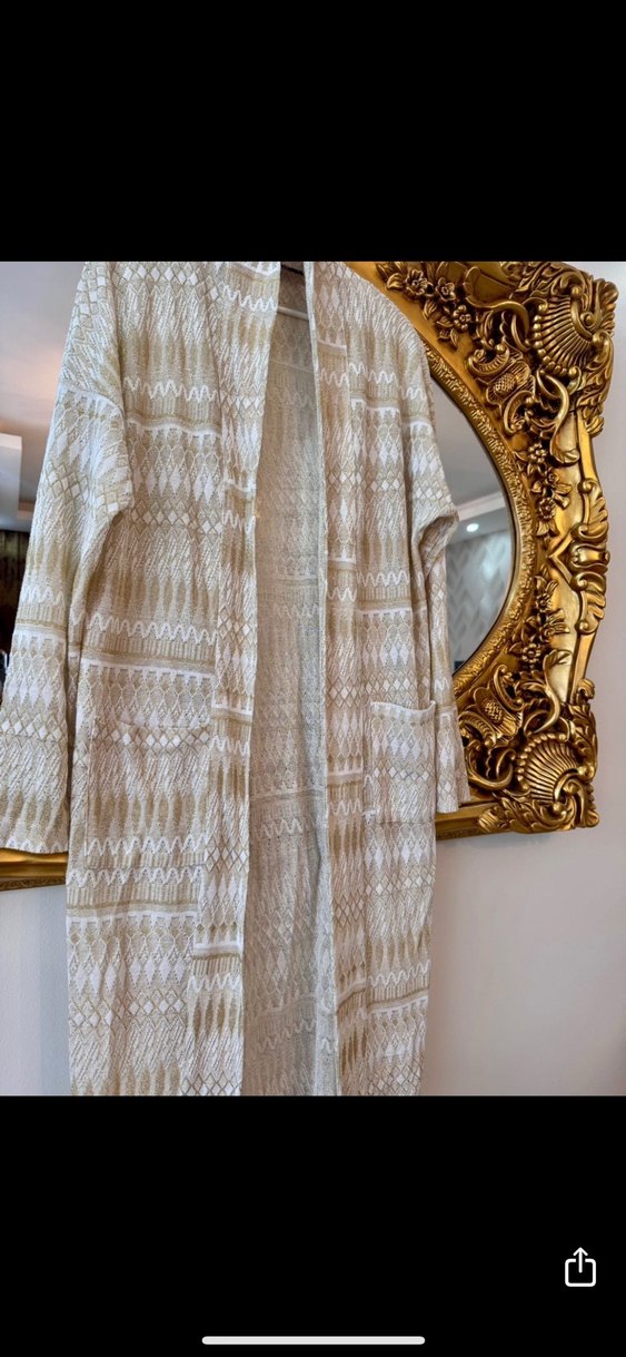 Kendinden Gold simli Nakışlı Bohem Uzun Kadın hırka - Görsel 5