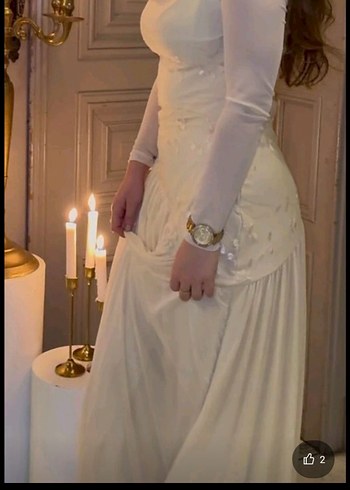 Uzun Kollu Drapeli Beyaz Vintage NİKAH ELBİSESİ - Görsel 3