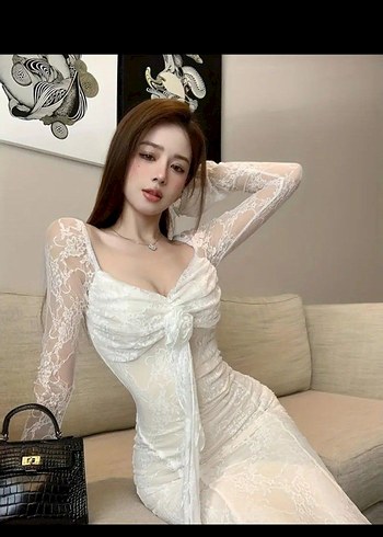 Dantel Detaylı Beyaz Uzun Kadın Elbise - Görsel 3