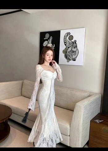 Dantel Detaylı Beyaz Uzun Elbise - Görsel 3