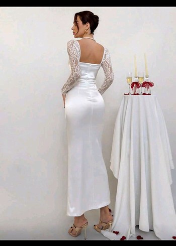 Dantelli Uzun Beyaz Straplez Abiye <<İndirimli - Görsel 2