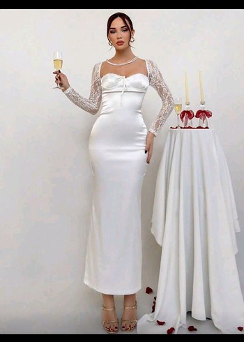 Dantelli Uzun Beyaz Straplez Abiye <<İndirimli - Görsel 3