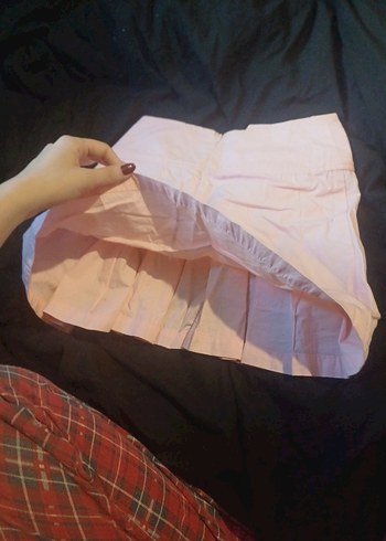 toz pembe Pilili Mini Keten Kadın Etek - Görsel 3