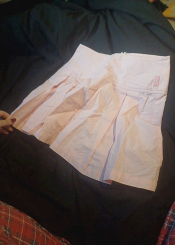 toz pembe Pilili Mini Keten Kadın Etek - Görsel 4