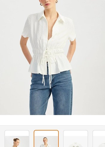 Düğmeli V Yaka Beyaz Kısa Kollu gy - Görsel 2