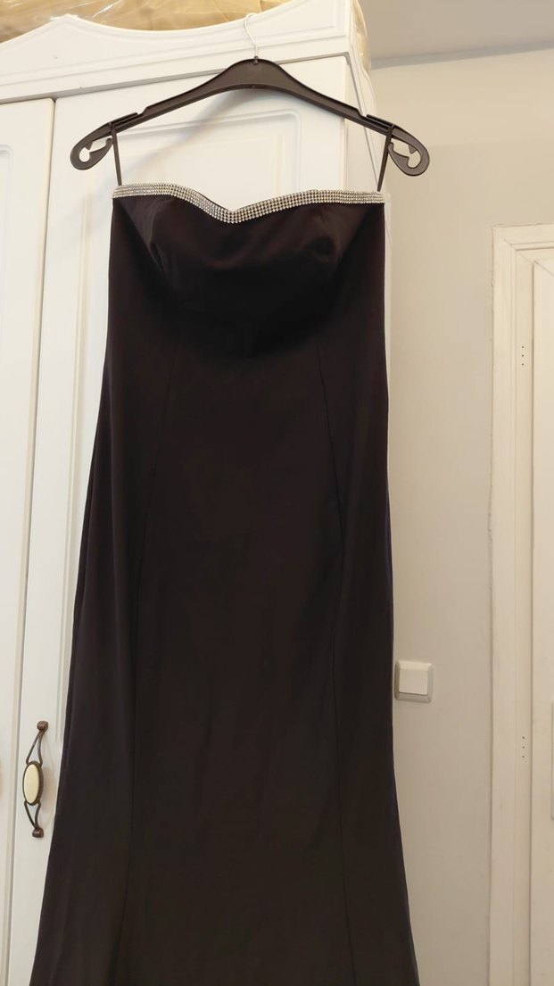 Uzun Siyah Straplez Kadın Abiye Elbise - Görsel 2