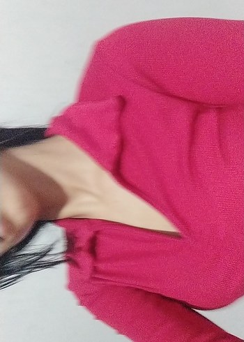 Parlak Pembe V Yakalı Kadın Keten crop - Görsel 4