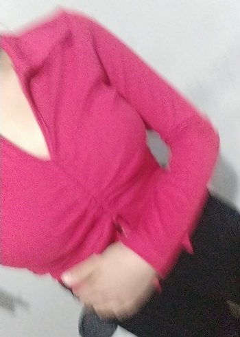 Parlak Pembe V Yakalı Kadın Keten crop - Görsel 3