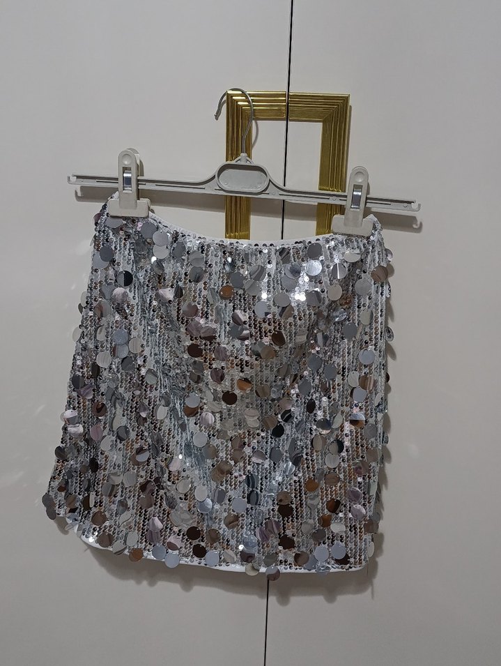 Payetli Gri Mini Etek - Görsel 2