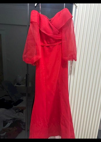 Kırmızı Drapeli Uzun Abiye Elbise - Görsel 2