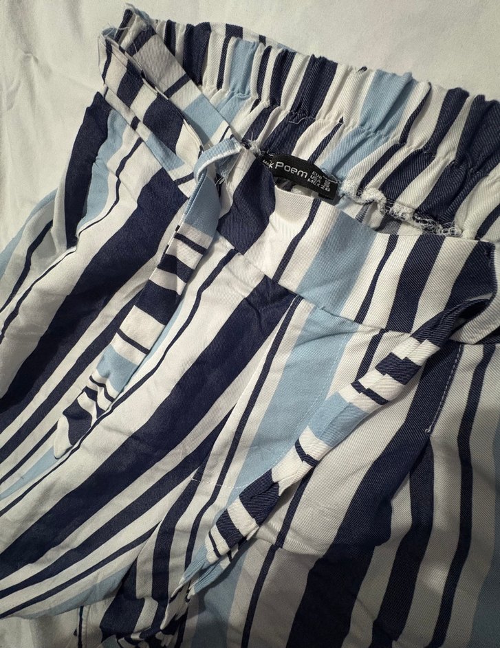 Kadın Mavi Çizgili Pilili Rahat Pantolon - Görsel 2