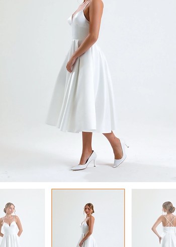 Beyaz V Yaka Askılı Uzun Elbise - Görsel 2