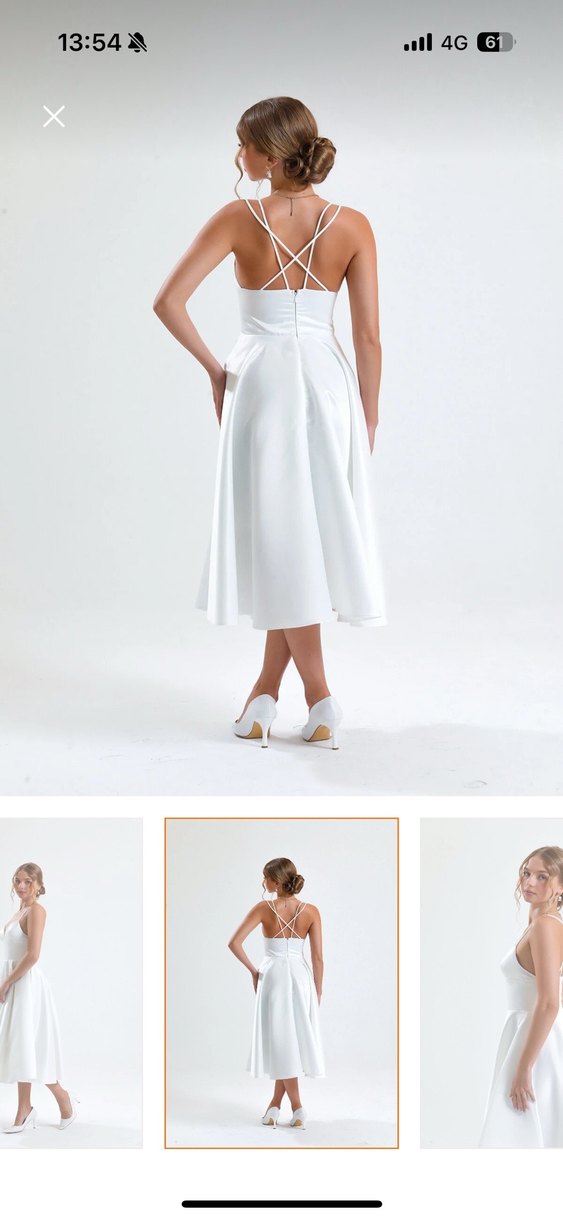 Beyaz V Yaka Askılı Uzun Elbise - Görsel 3