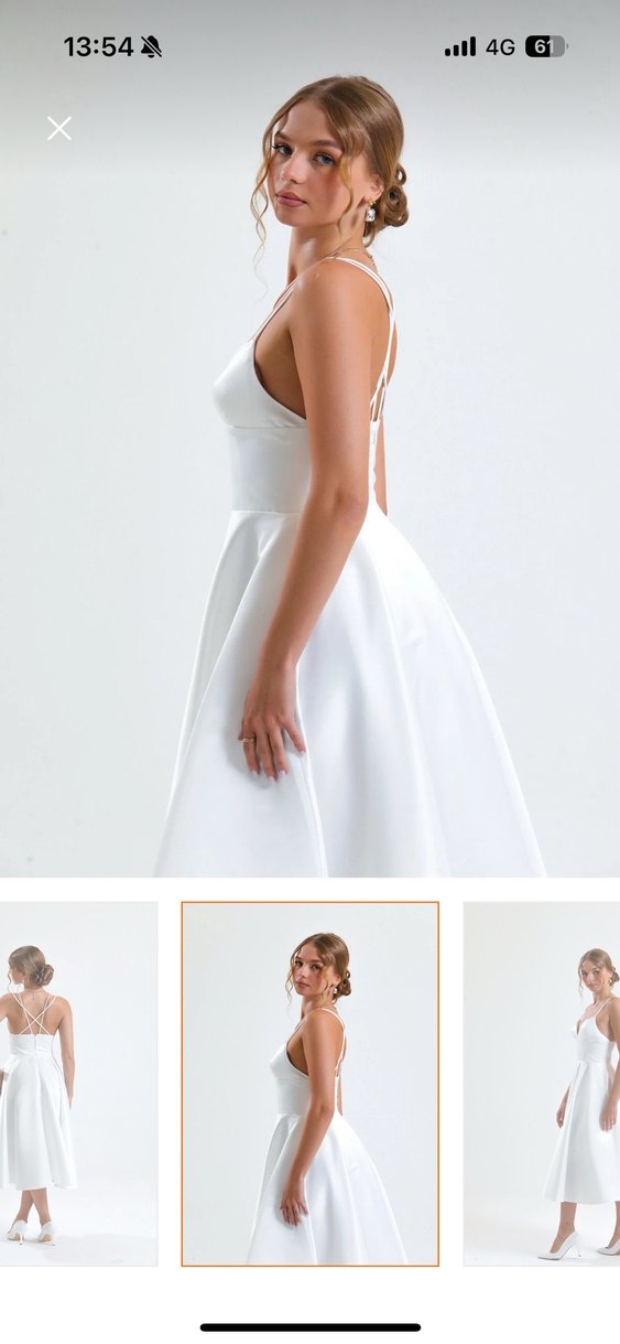 Beyaz V Yaka Askılı Uzun Elbise - Görsel 4