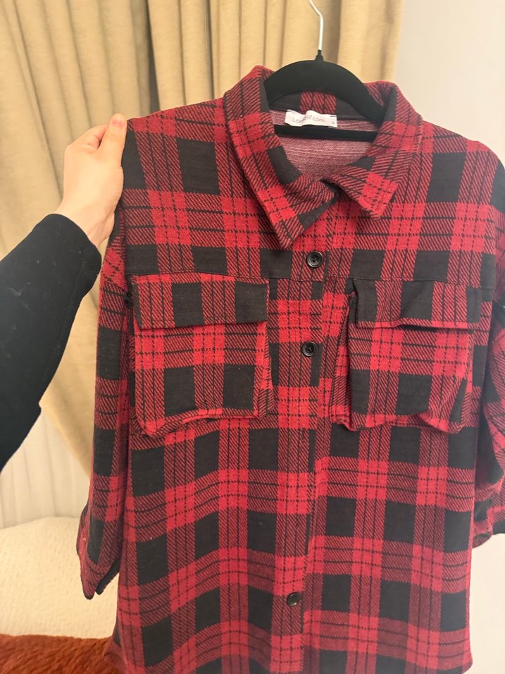 Kırmızı Ekose Desenli Rahat Kadın Gömlek - Görsel 2