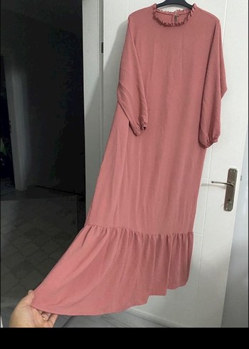 Uzun Kollu Bej Keten Elbise - Görsel 2