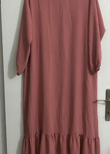 Uzun Kollu Bej Keten Elbise - Görsel 3