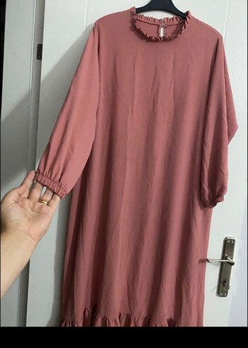 Uzun Kollu Bej Keten Elbise - Görsel 4