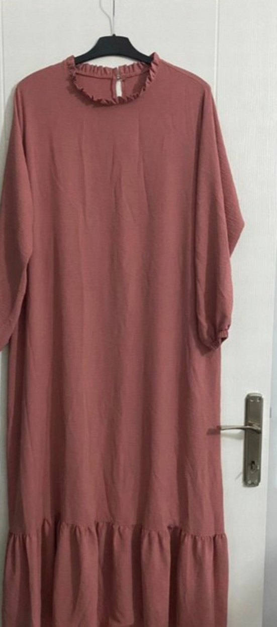 Uzun Kollu Bej Keten Elbise - Görsel 5