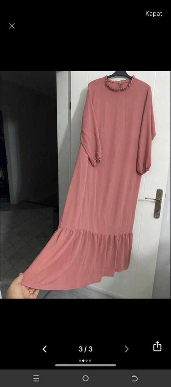 Uzun Kollu Bej Keten Elbise - Görsel 2