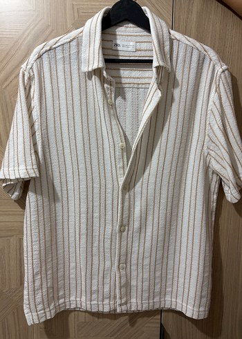 Bej Çizgili Keten Kısa Kollu Erkek Gömlek - Görsel 2